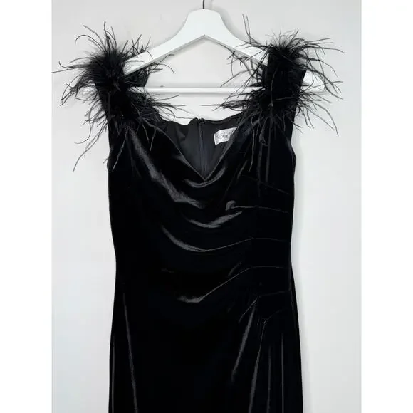 Eliza J. Velvet Feather Trim Cowl Neck Ruched Side Maxi Dress Black Women Size 6 - Picture 3 of 11